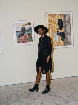 Artist Toyin Ojih Odutola by her work at the Orto Botanico 