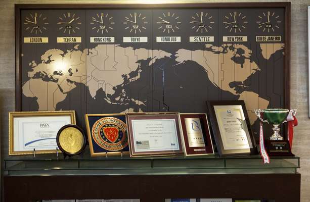 World clock and awards in the lobby