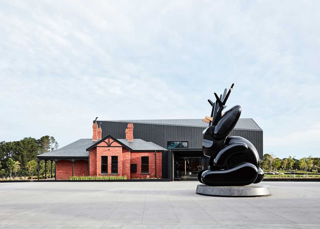 Hotel entrance, featuring a seven-metre jackalope sculpture by Emily Floyd 