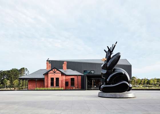 Hotel entrance, featuring a seven-metre jackalope sculpture by Emily Floyd 