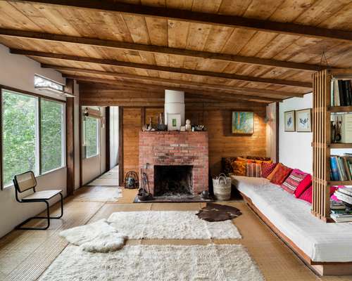 Living room at Kepes House, overlooking Long Pond in Wellfleet Woods