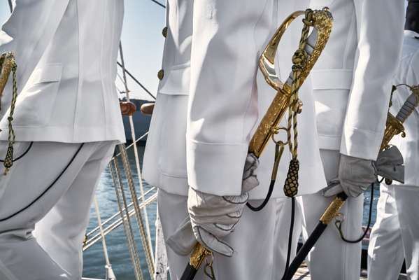 Officers wear their formal white uniforms as the ‘Sagres’ departs for Brazil