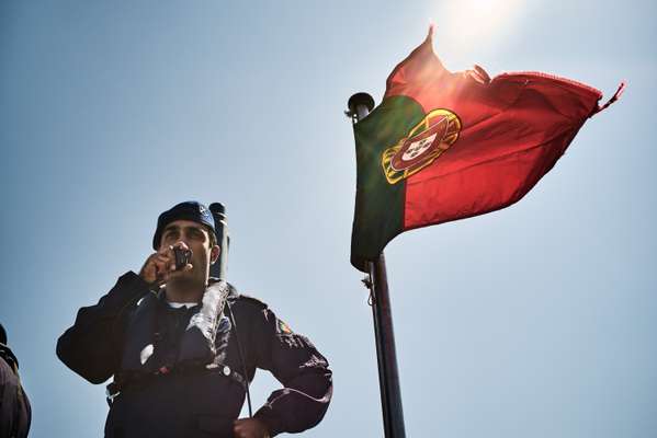 Submarine ‘Arpão’ Commander Paulo Santos Garcia on the radio to the officer of the watch as the submarine departs from Lisbon harbour