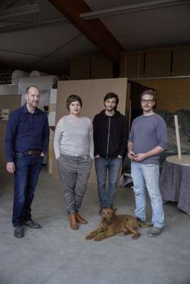 (l-r) Oliver and Nicola Stattmann, Shay Assas, Frederik Kötter and Murphy the dog