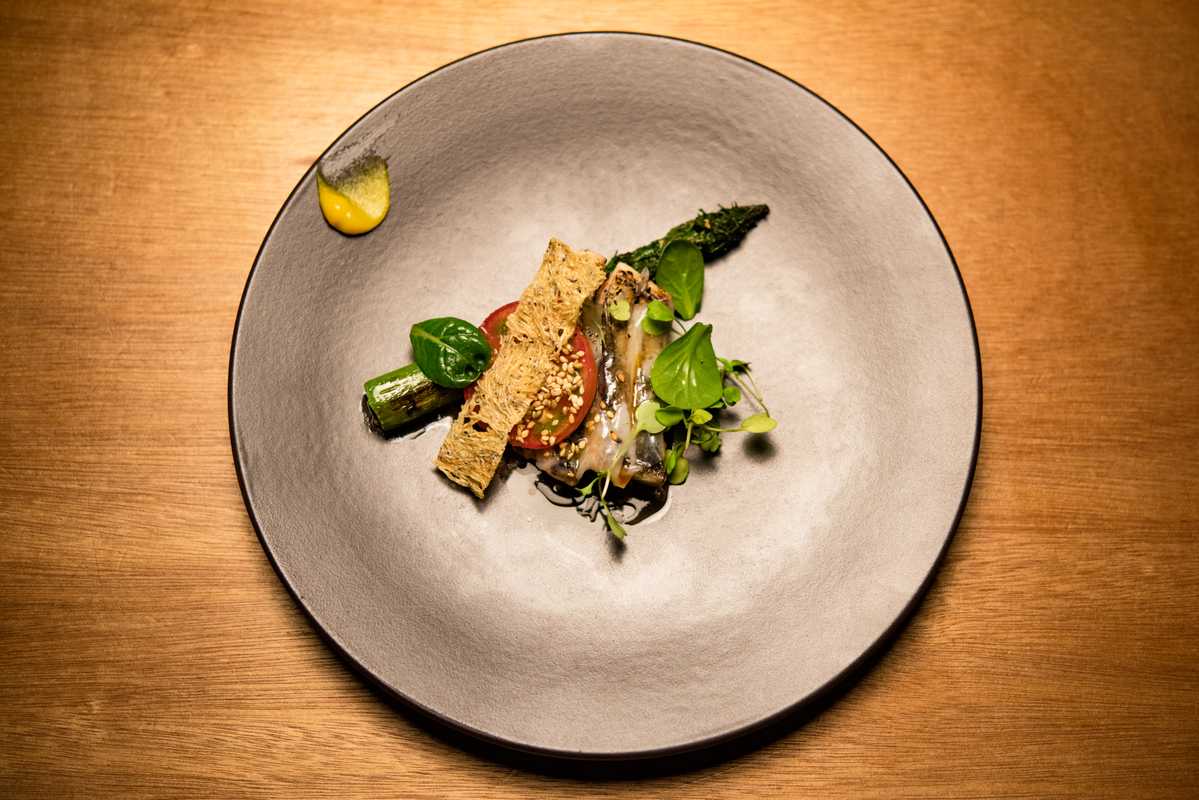 Mackerel with asparagus and herb salad