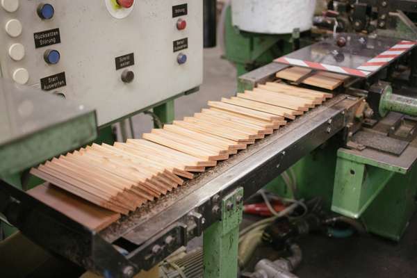 Slats of wood inside Lyra’s factory