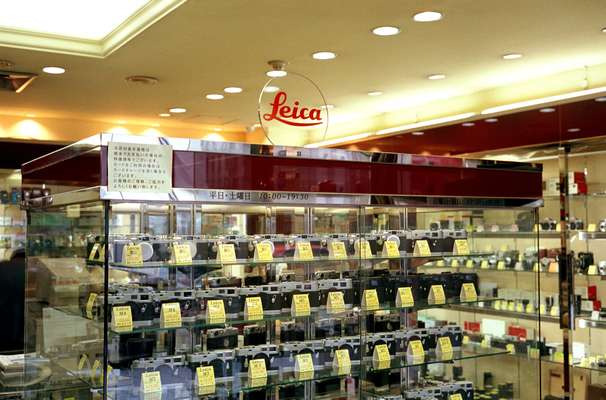 Leica display case at Katsumido Camera in Ginza