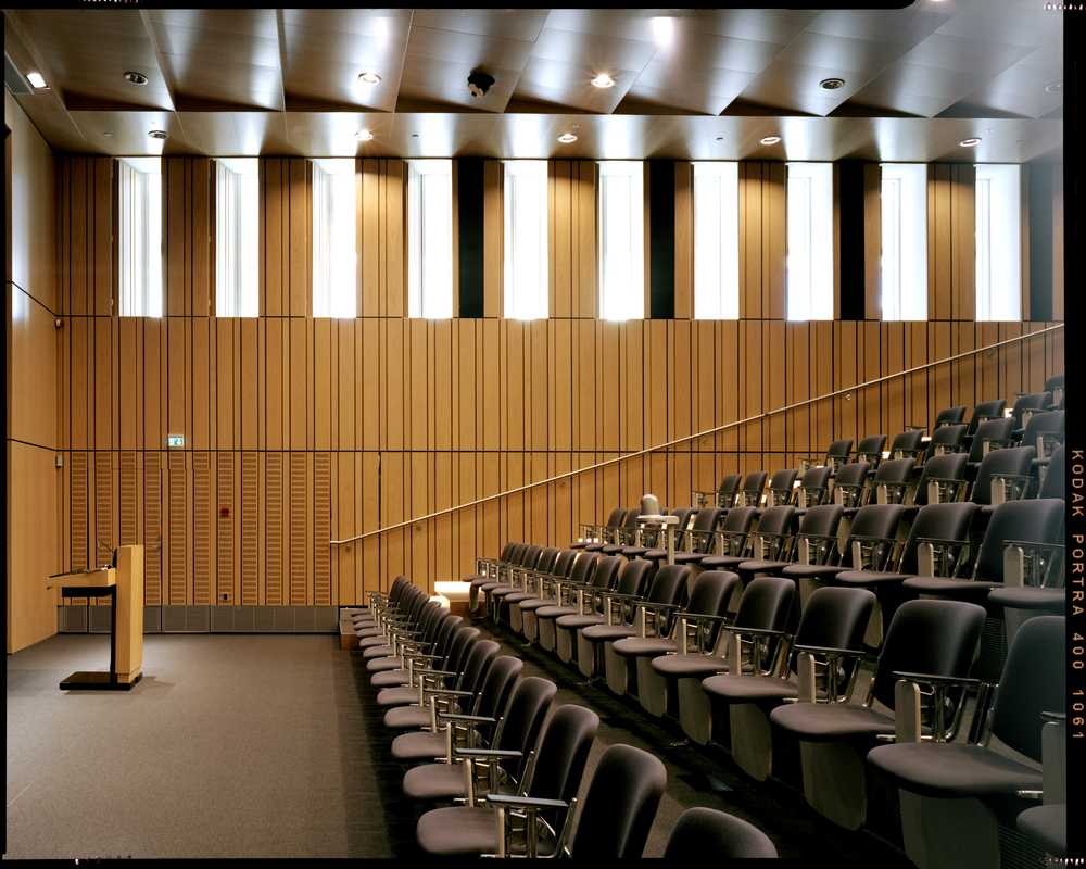 Oak-panelled auditorium, part of the 2005 extension by Bo Boje Larsen