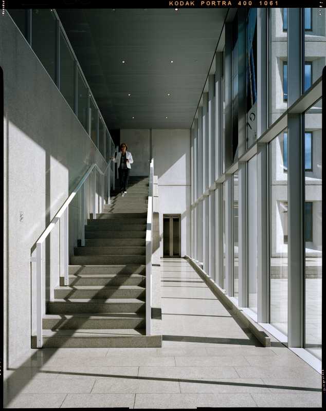 Stairway with light streaming in from the central courtyard