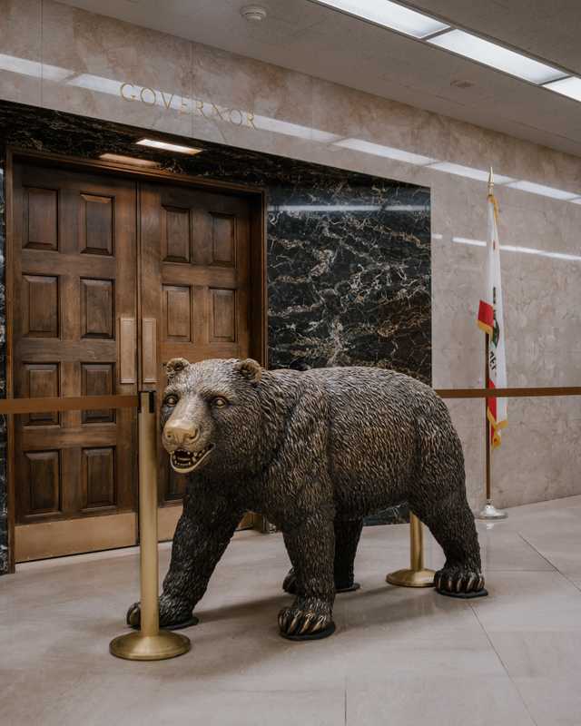Governor Jerry Brown’s office is guarded by a bronze bear