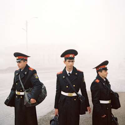 Armenian cadets waiting for a bus home after a day at Stepanakert’s academy 