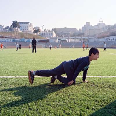 Armenian youngsters at football training in Stepanakert Stadium