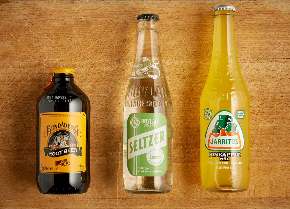 Bundaberg Root Beer (left), Boylan Lemon Seltzer (centre) and Jarritos Pineapple soda (right)