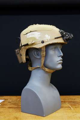 A Crye Precision helmet showing where a bullet was deflected