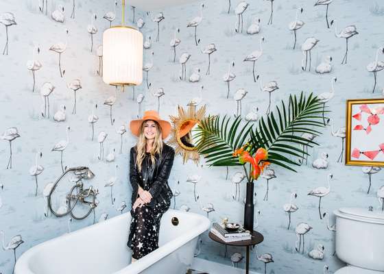 LA decorator Dee Murphy in the bathroom she designed at the Christopher Kennedy Compound 