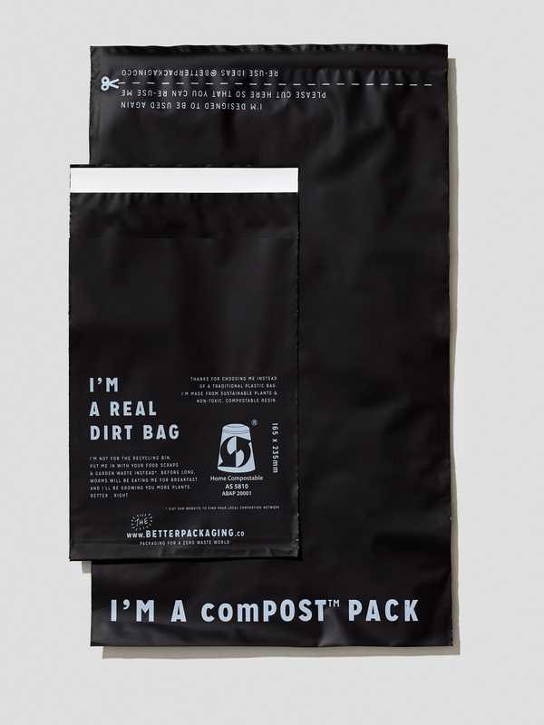 Opaque compostable jiffy bag in two sizes. betterpackaging.com