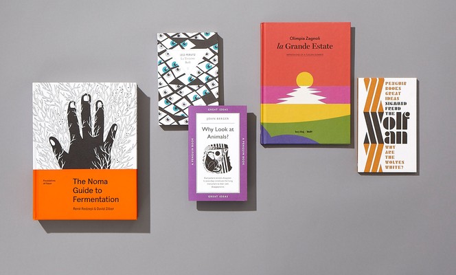 (Left to right) Cookbook by Dyakova for Artisan Publishers, Pearson’s work for Editions Zulma and Penguin Great Ideas, Zagnoli’s work for Lazy Dog and Mutty, Pearson’s Great Ideas