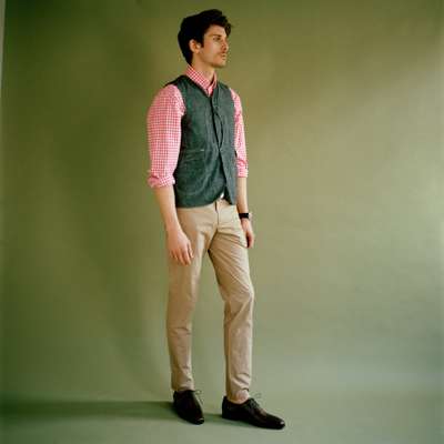 Waistcoat by Post Overalls, shirt by Hackett,   trousers by Aquascutum, shoes by Berluti, belt by Trussardi 1911, watch by Cartier
