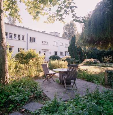 Paved area within the vast garden