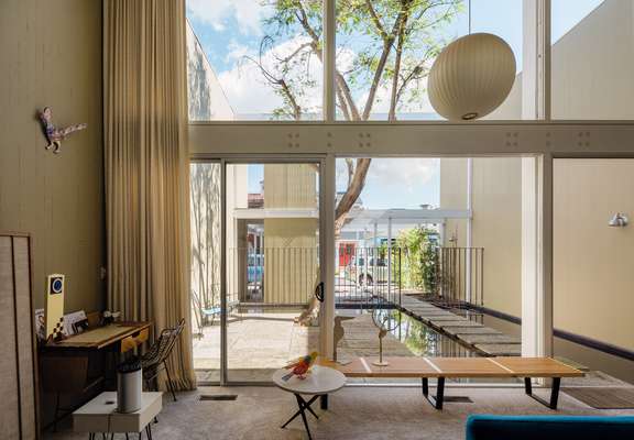 Opdahl House from the lounge, looking towards its water feature