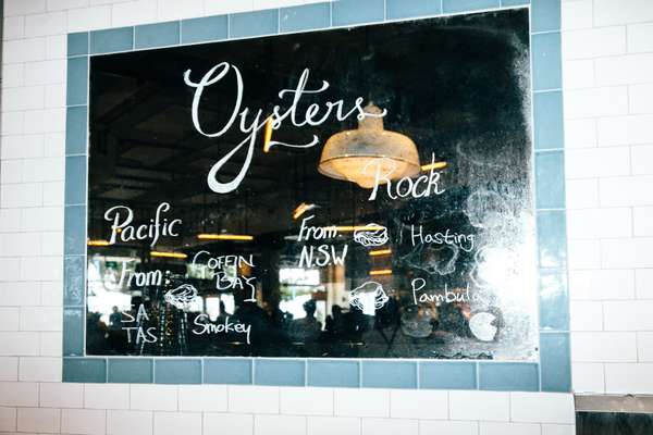 Oyster menu includes Sydney Rock and Pacific oysters from Tasmania, South Australia and New South Wales