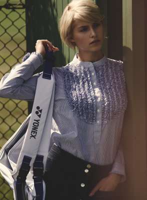 shirt by Drawer, skirt by Madras, racquet bag by Yonex