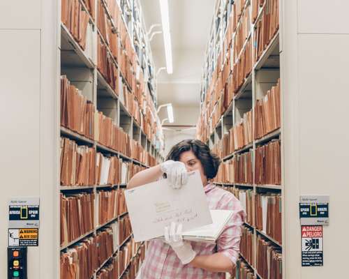 Archivist Rebecca Dupont in National Geographic’s basement archives 