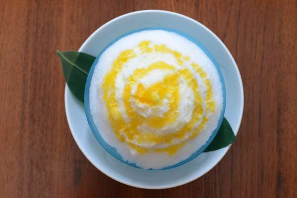 Shaved ice with condensed milk  and yuzu sorbet 