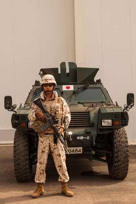 Japanese soldier on guard at the Counter-Piracy Enforcement base of the Japan Self-Defence Forces