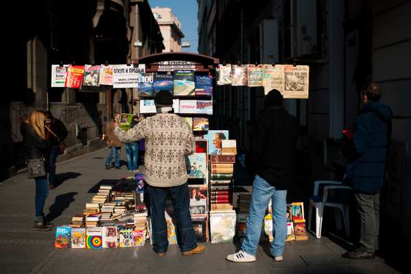 Aleksandar Obradovic sells comics, vinyl and books from his kiosk
