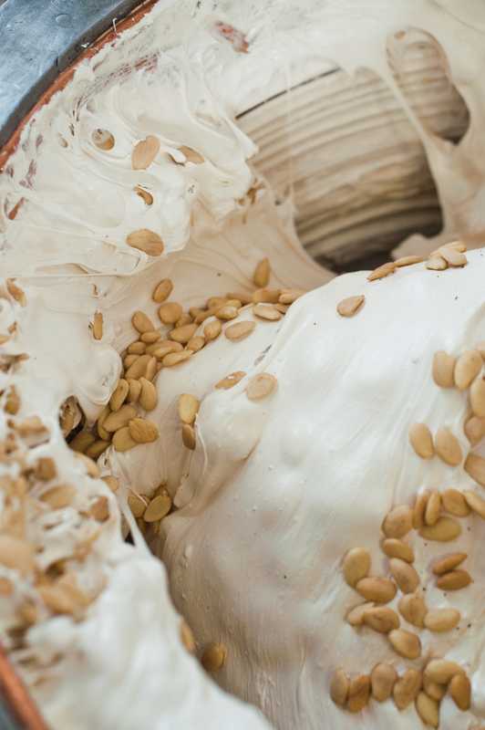 Toasted almonds being added to the final mixture