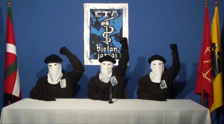Though the push for Catalan independence was largely non-violent, not all movements in the region were peaceful. Here three members of Basque separatist group eta are calling for a definitive end to 50 years of armed struggle, which had cost the lives of at least 850 people. 