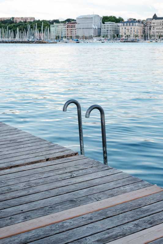 Sunbathing platforms overlook the old town 