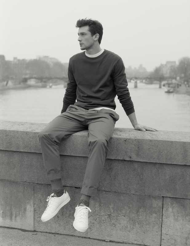 Jumper and long-sleeve T-shirt by Sunspel, trousers by Officine Générale, socks by Golden Goose Deluxe Brand, trainers by Corthay