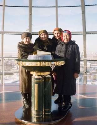 Women from eastern Kazakhstan atop the Bayterek Tower 