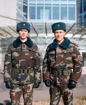Private Anton Langovoy (left) from Pavlodar in northeastern Kazakhstan and Sergeant Almas Kasymbekov from the Almaty region, both of the presidential guard in Almaty