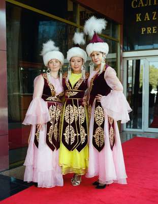 Women in folk costume at Hotel Kazakhstan, Almaty 