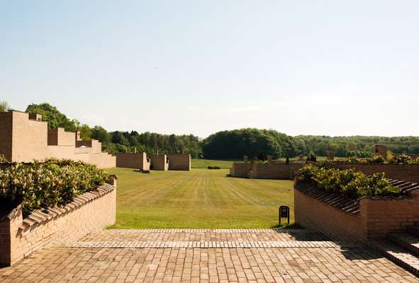The large courtyard garden outside the central building