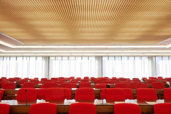 Meeting hall with chairs donated by Japan’s shipbuilders