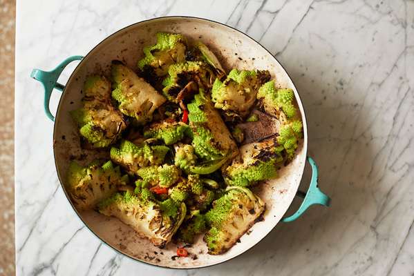 Roasted romanesco broccoli with confit garlic oil, aleppo pepper and lemon zest 