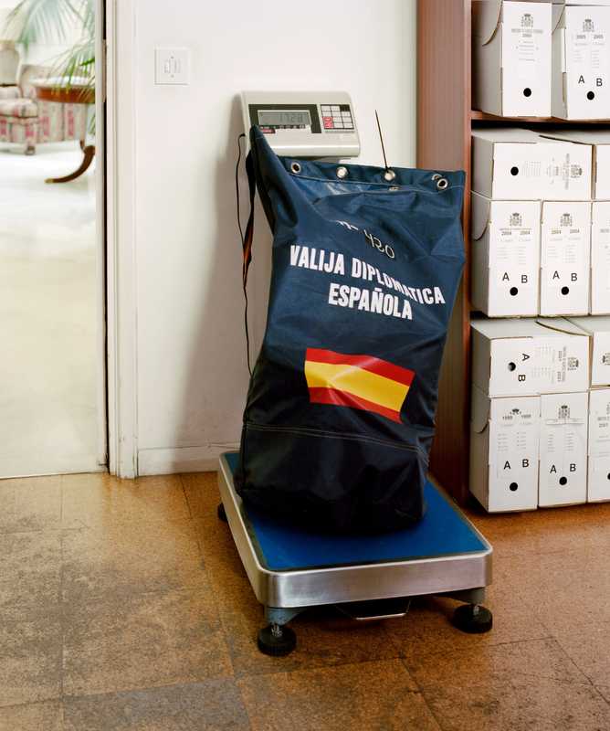 Spanish diplomatic pouch gets weighed for shipping 