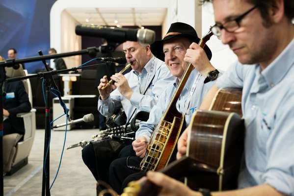 Traditional Irish band drawing a crowd at Northern Irish seat-maker Thompson Aero Seating’s booth