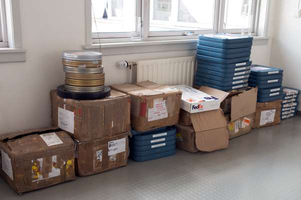 Reels of film ready to be vetted at the Norwegian Film Institute