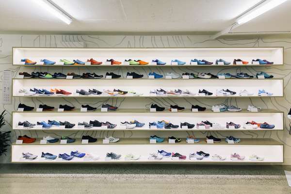 Wall of shoes in the Vancouver Running Co store