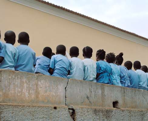 Schoolchildren outside  a church
